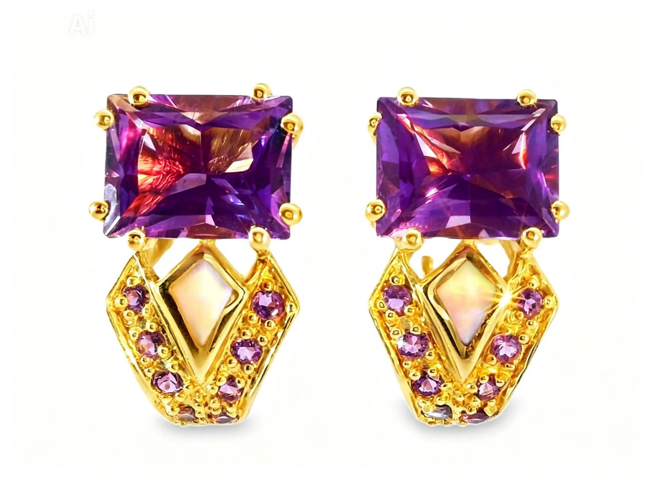 14K Yellow Gold Amethyst MOP Mabe Inlaid Earrings