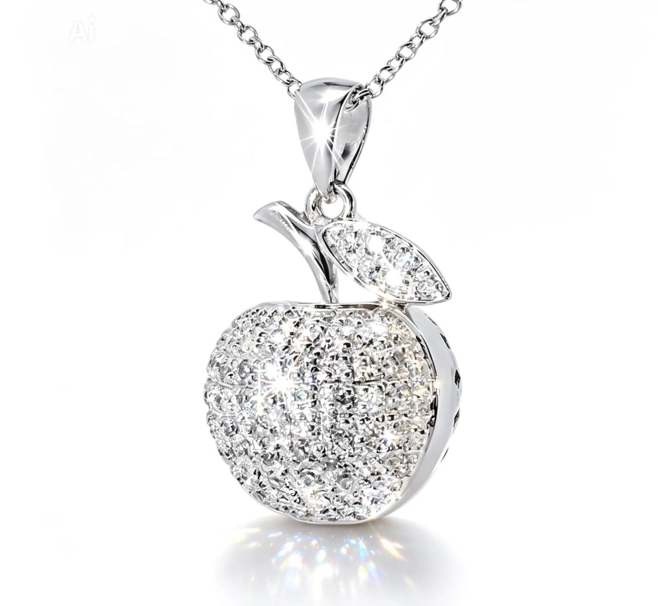 14K White Gold Diamond Big Apple Pendant Necklace