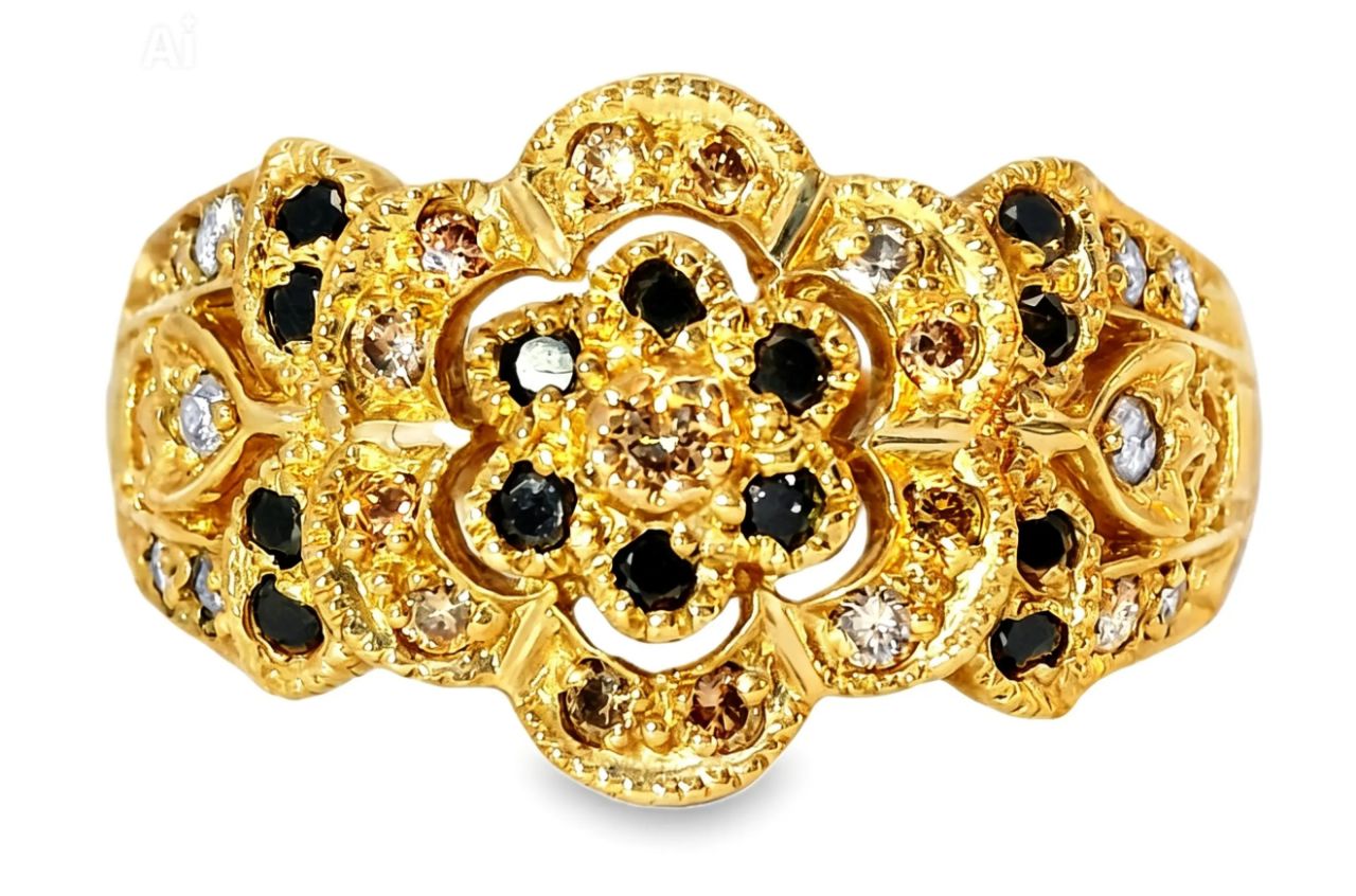 14K Yellow Gold Filigree Black Brown Diamond Floral Band Ring