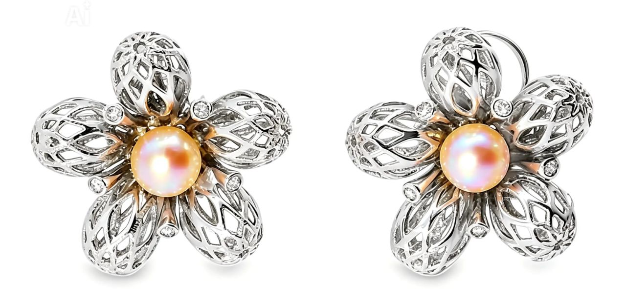 14K White Gold Pearl Diamond Filigree Lace Floral Earrings