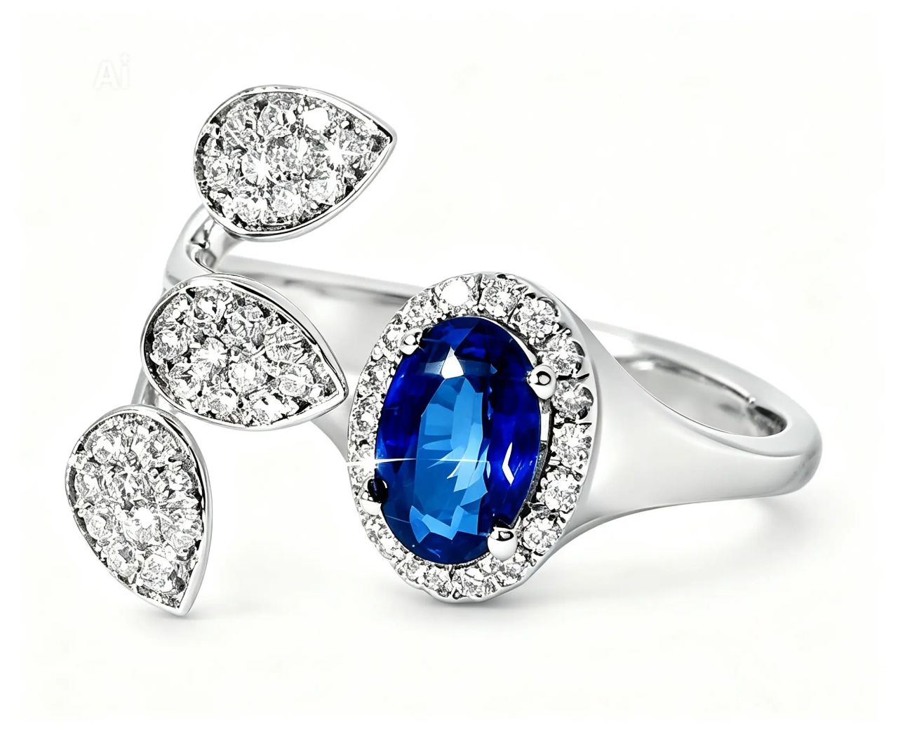 18K White Gold Designer Sapphire Diamond Wire Leaf Filigree Band Ring