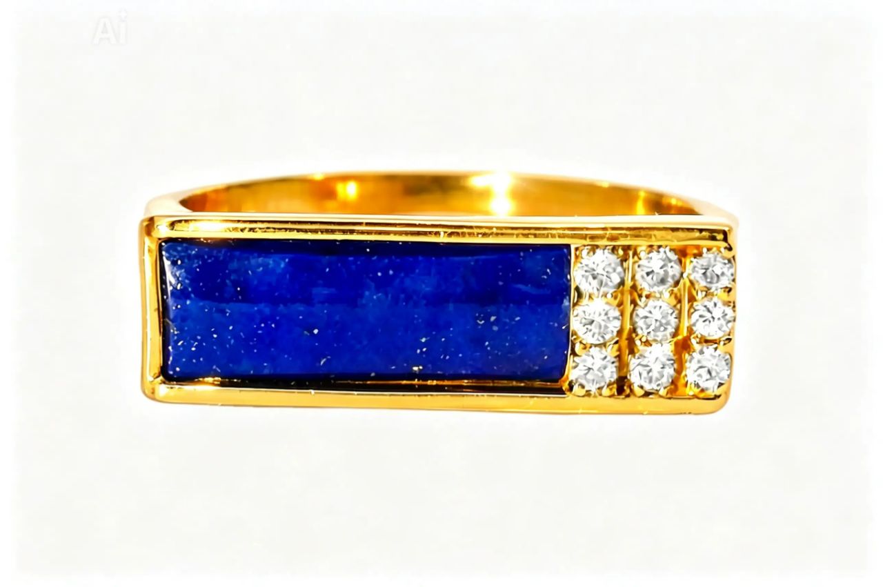 14K Yellow Gold Lapis Lazuli Diamond Mens Unisex Ring