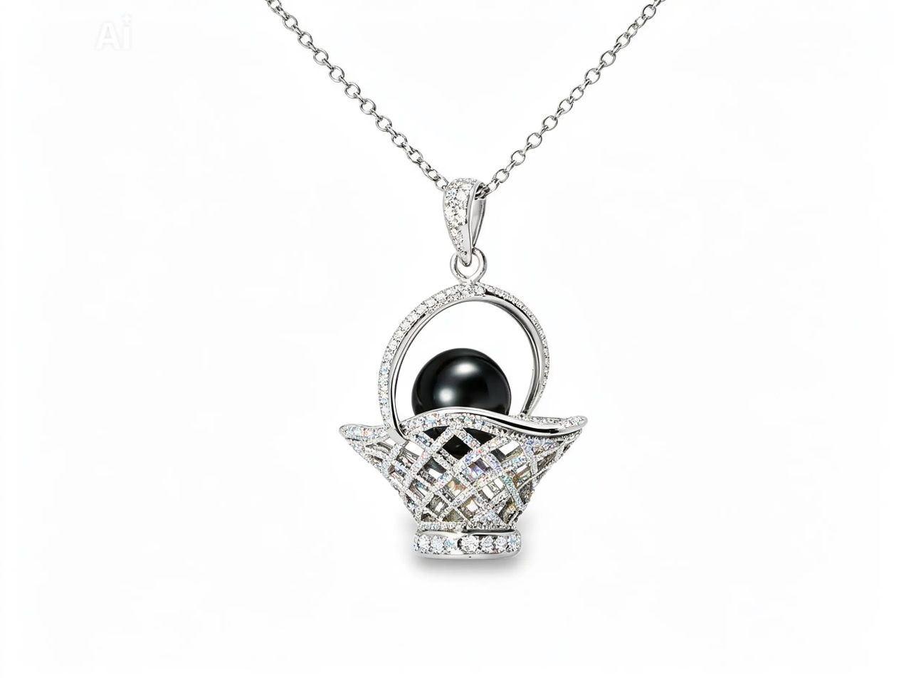 14K White Gold Black Pearl Diamond Basket Charm Pendant
