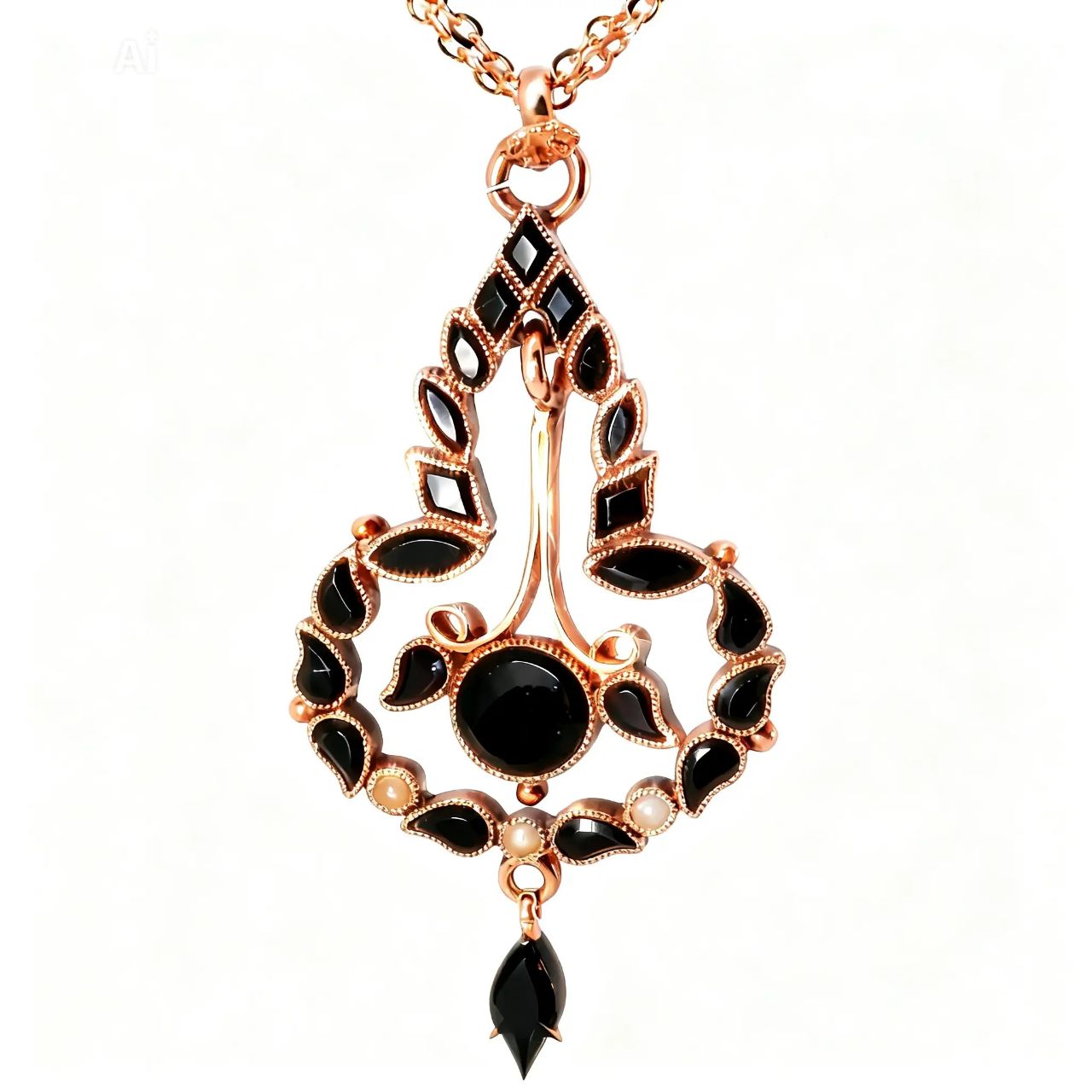 14K Pink Rose Gold Black Onyx Seed Pearl Mourning Pendant Slide