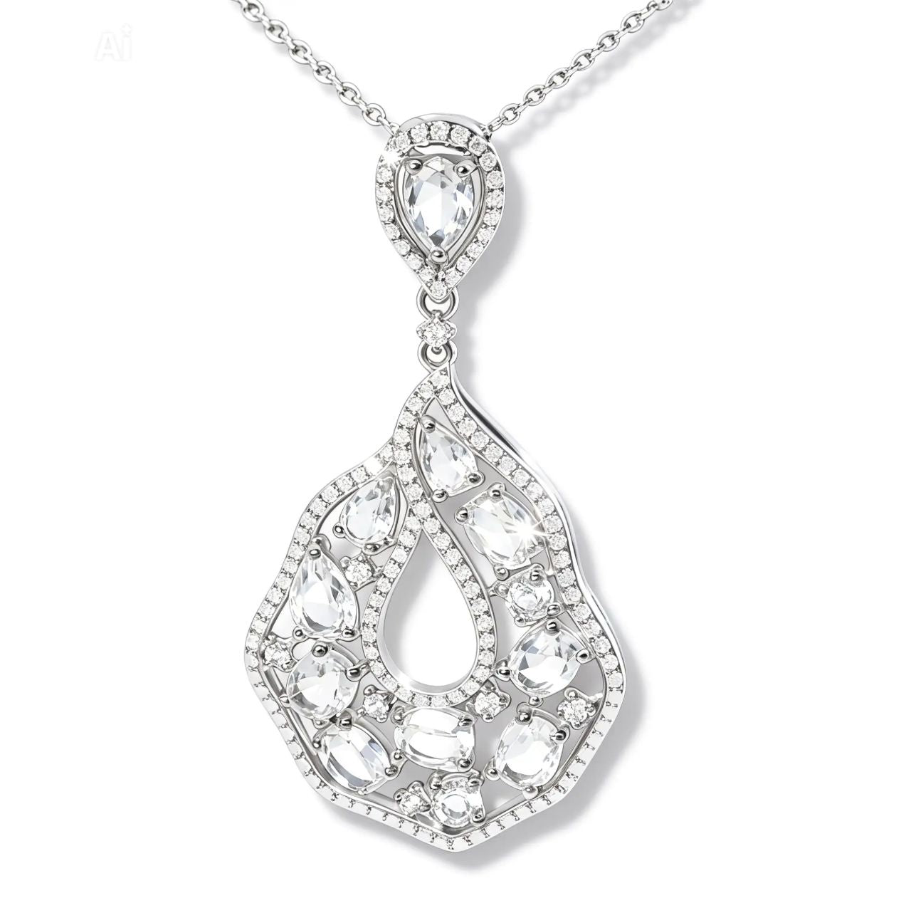 14K White Gold Topaz Diamond Drop Pendant Necklace