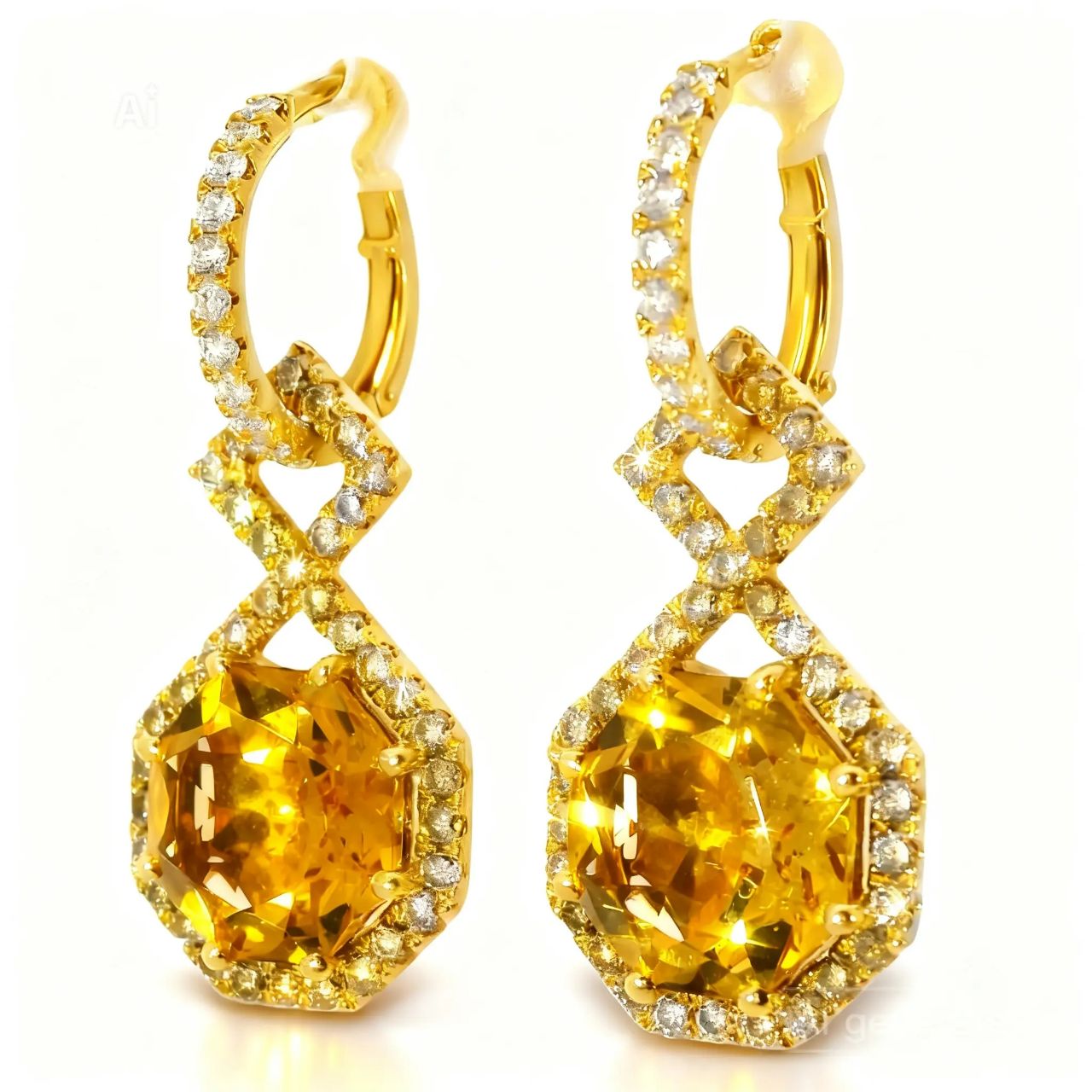 18K Cordova Gold Diamond Citrine Dangle Drop Earrings