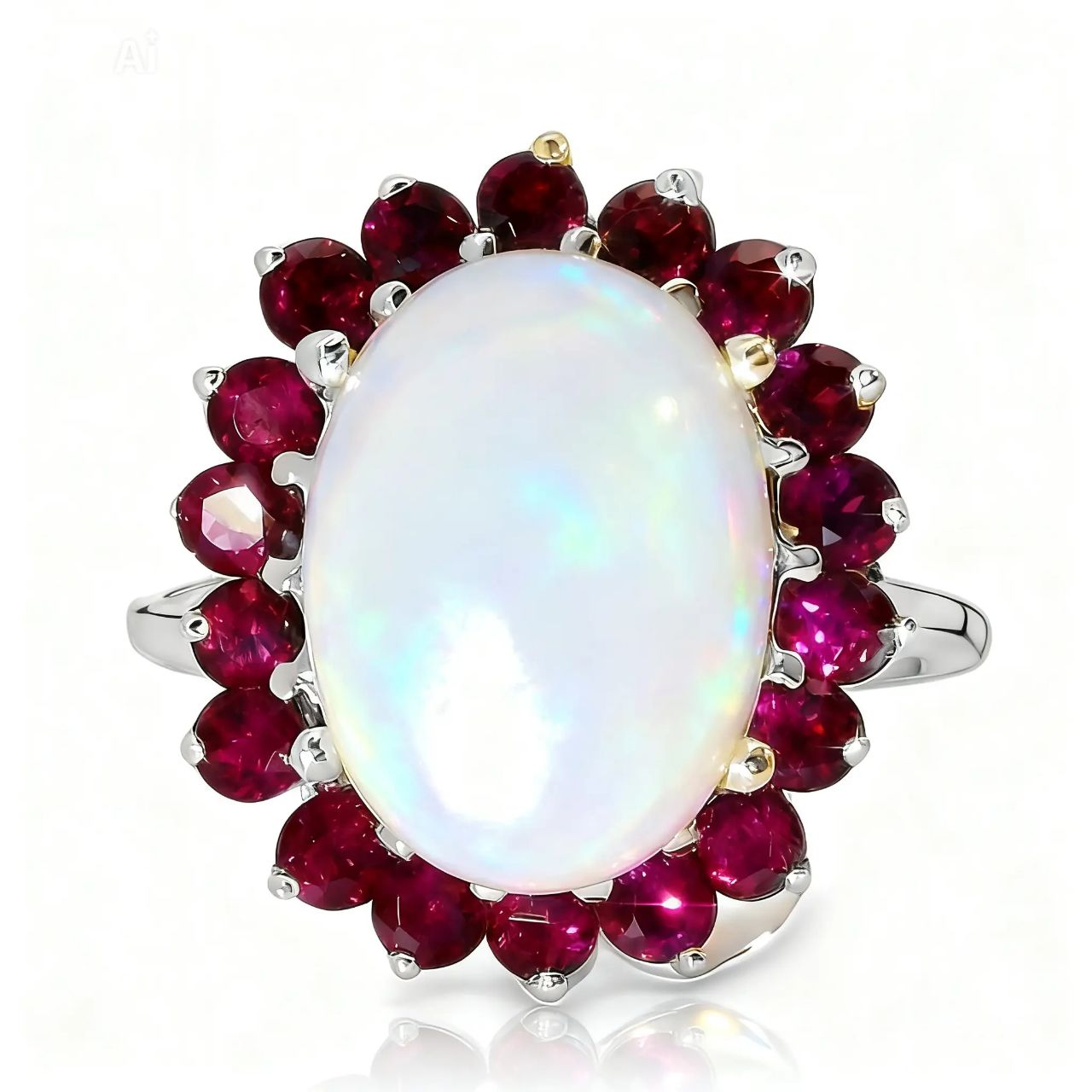 14K White Gold Huge Opal Rhodolite Garnet Filigree Ring
