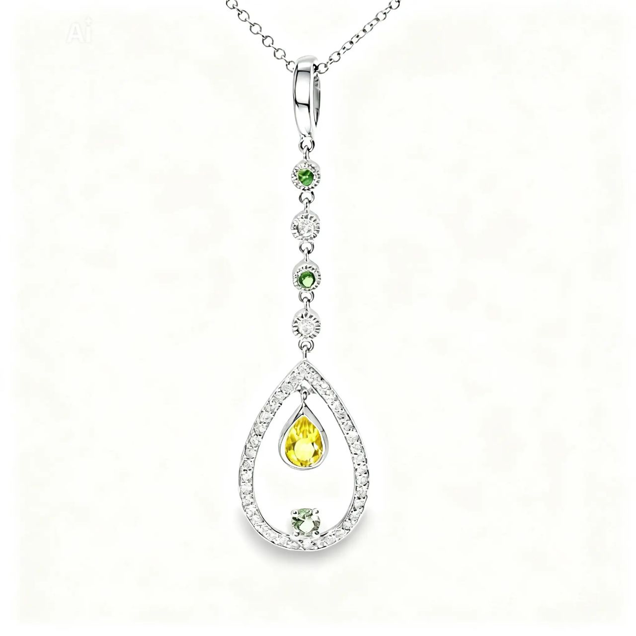 14K White Gold Green Amethyst Lemon Quartz Diamond Emerald Pendant