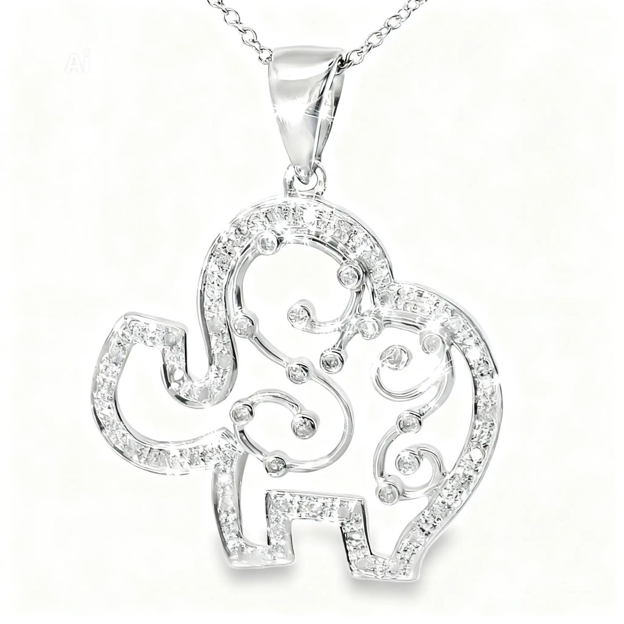 14K White Gold Diamond Elephant Pendant Necklace Slide