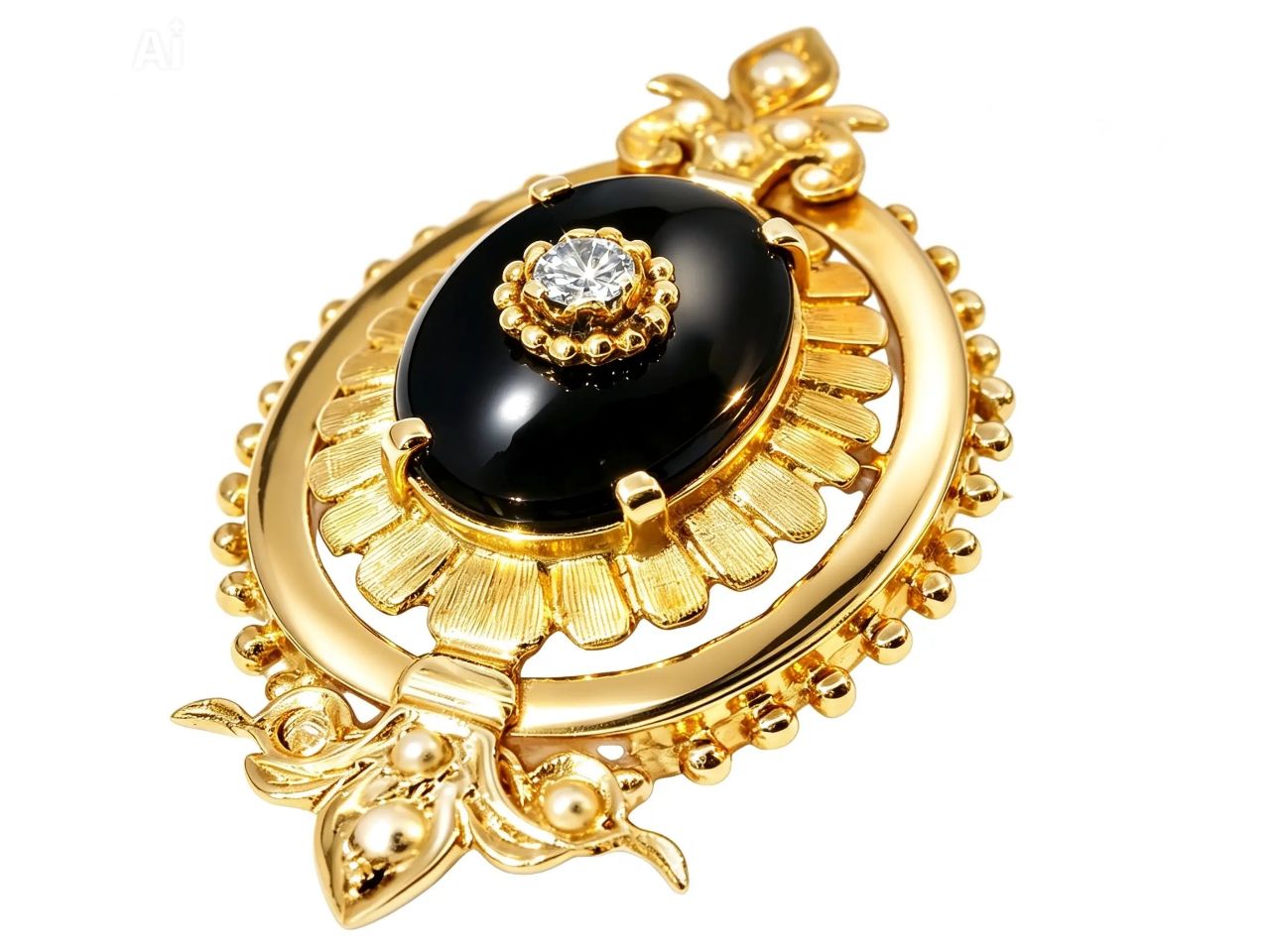 14K Yellow Gold Victorian Onyx Diamond Seed Pearl Pendant Brooch Pin