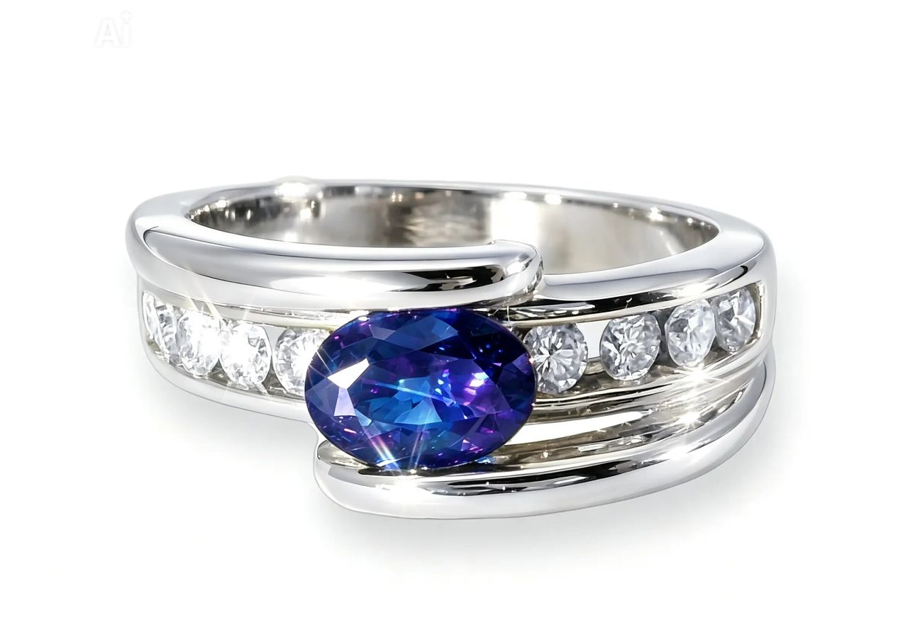 14K White Gold Sapphire Diamond Tension Band Ring