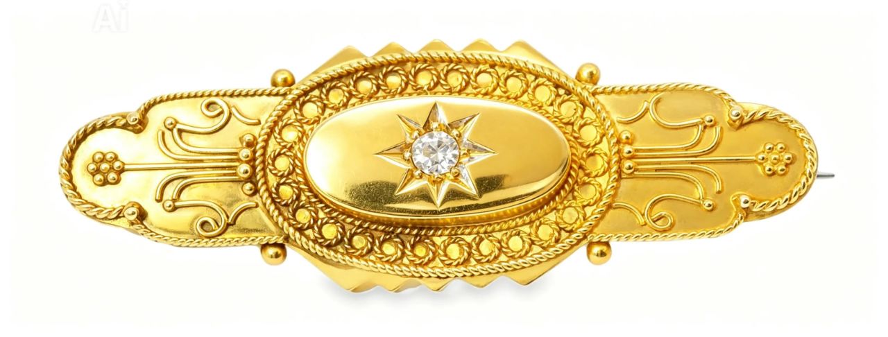 15K Yellow Gold Diamond Antique Bar Pin Brooch