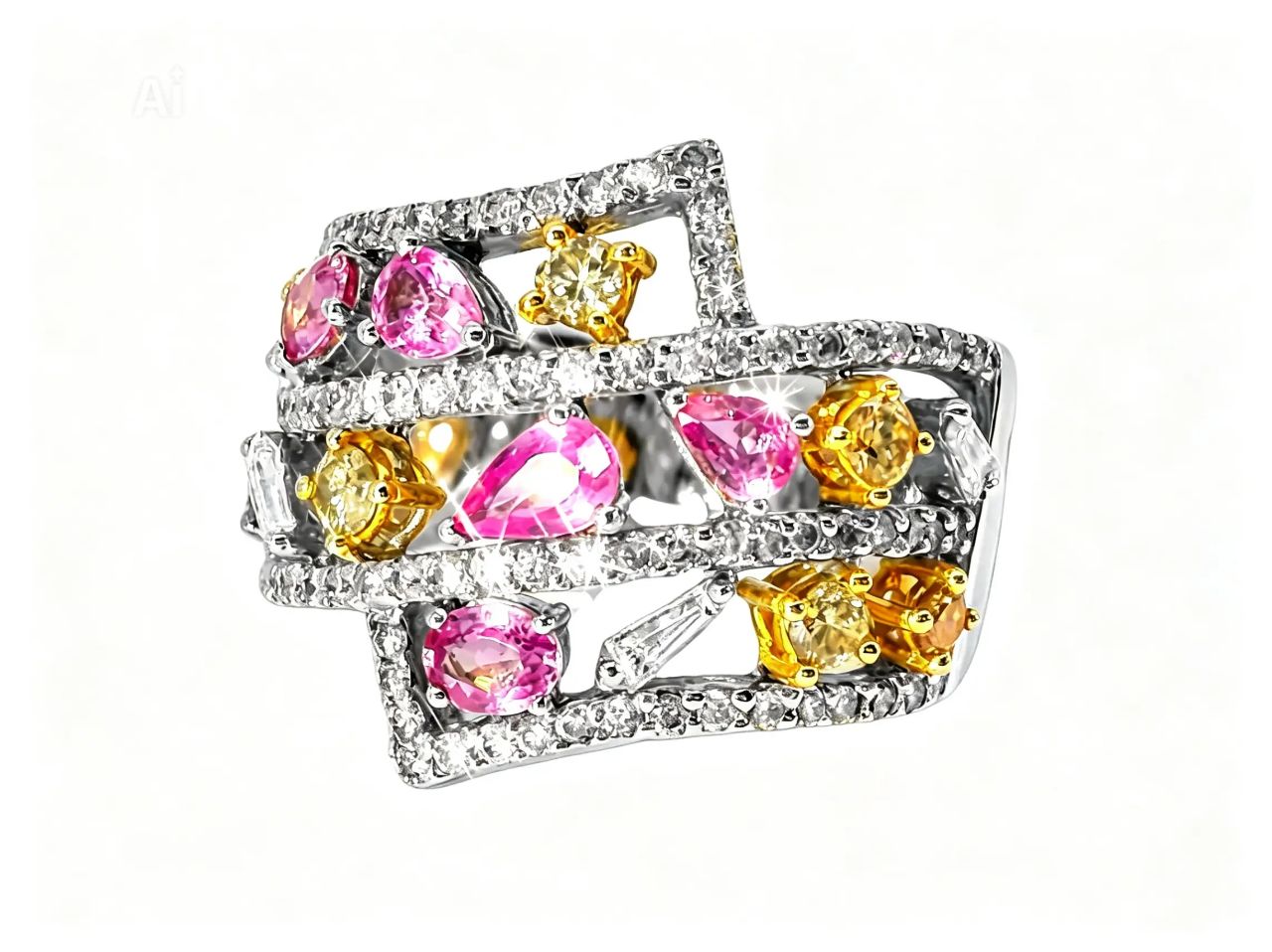 14K White Gold Diamond Multi Color Sapphire Band Ring Estate