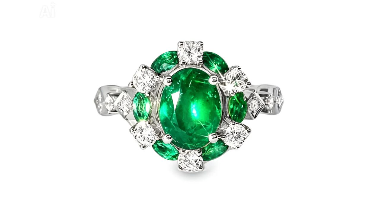 14K White Gold Emerald Diamond Cluster Ring