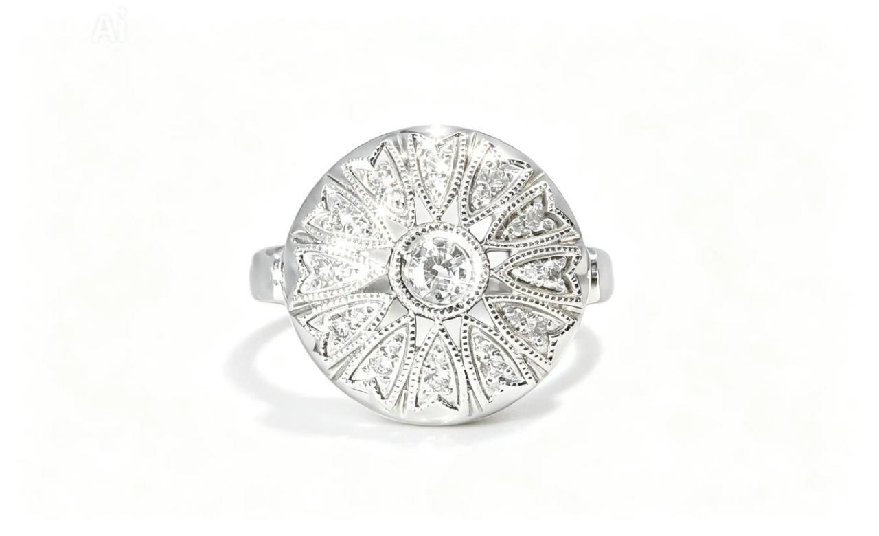 14K White Gold Antique Estate Round Diamond Cocktail Ring
