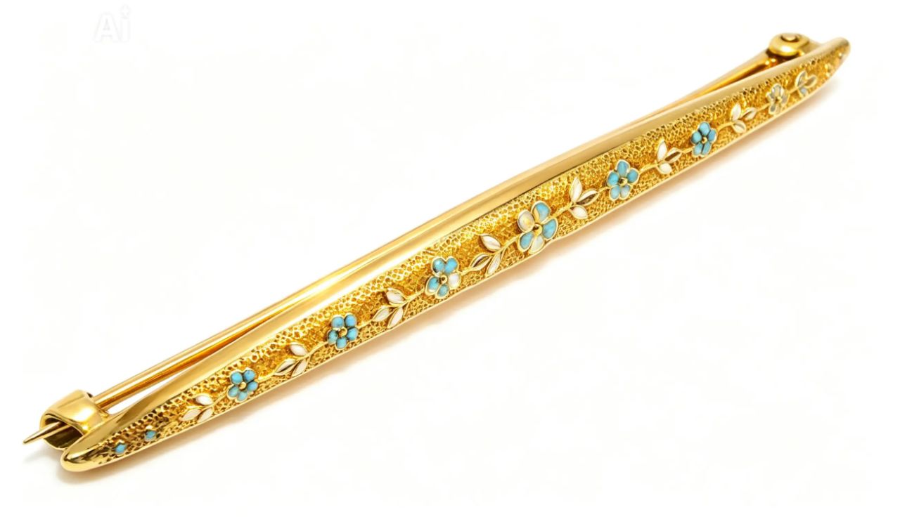 14K Yellow Gold Victorian Antique Enamel Floral Bar Pin Brooch