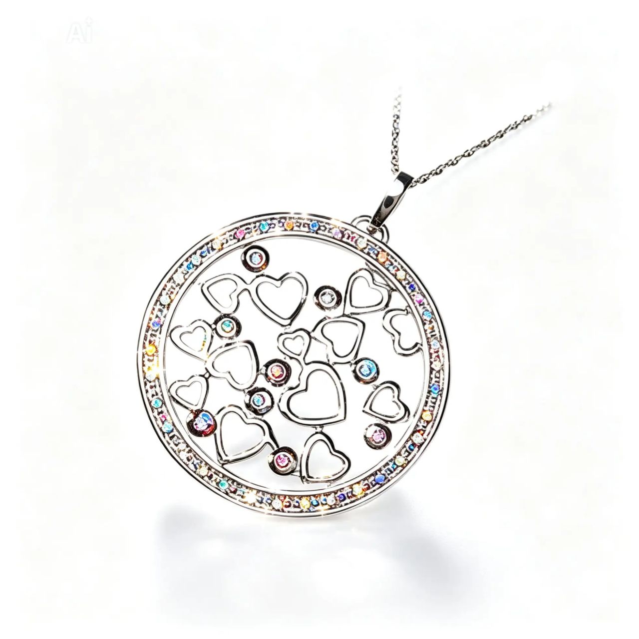 14K White Gold Diamond Hearts Pendant Necklace Estate