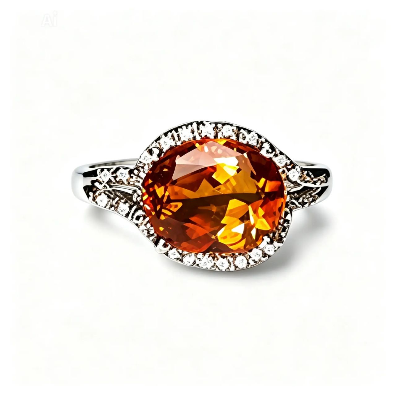 18K White Gold Orange Citrine Micro Pave Diamond Ring Band Estate