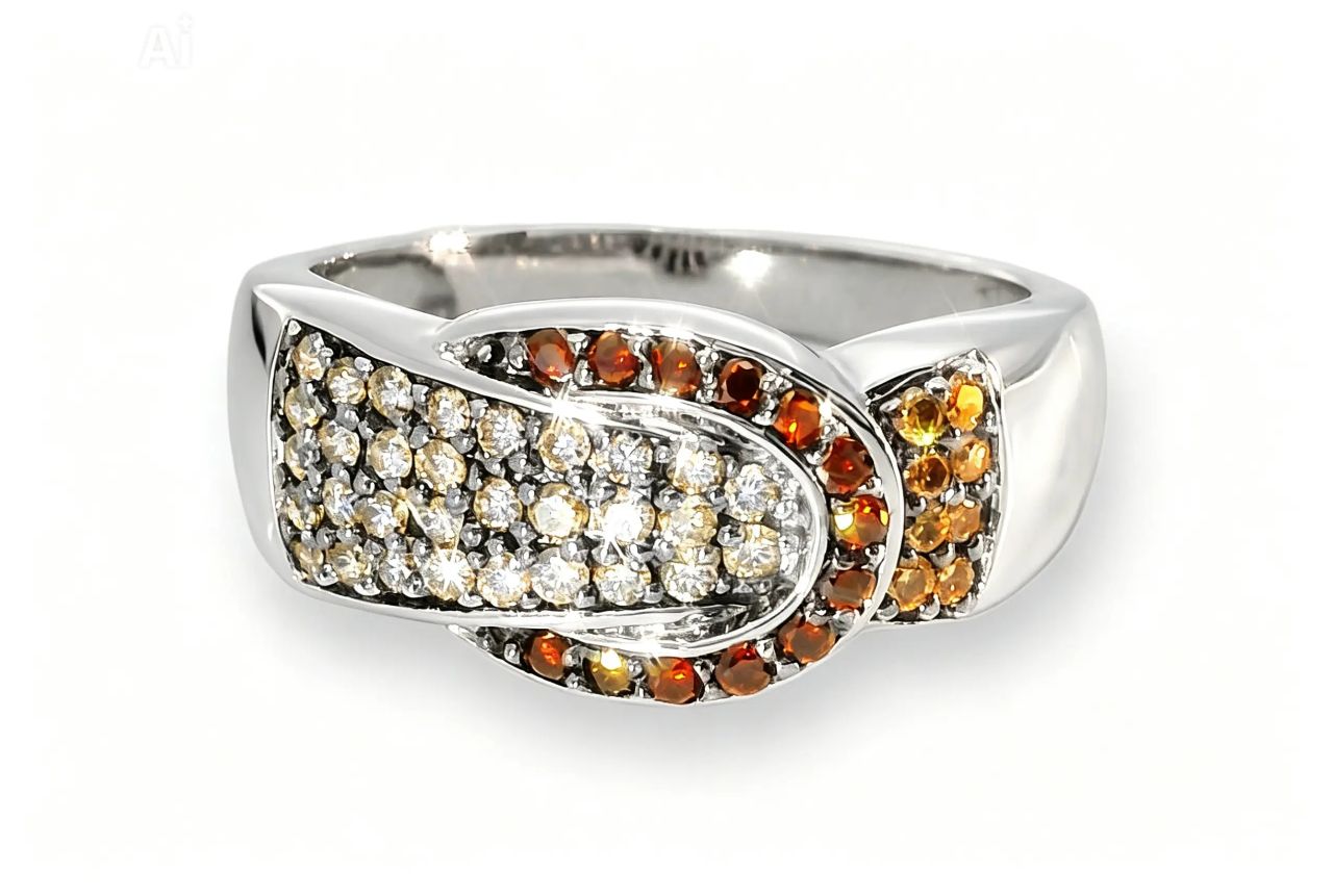 14K White Gold Garnet Champagne Diamond Belt Buckle Band Ring