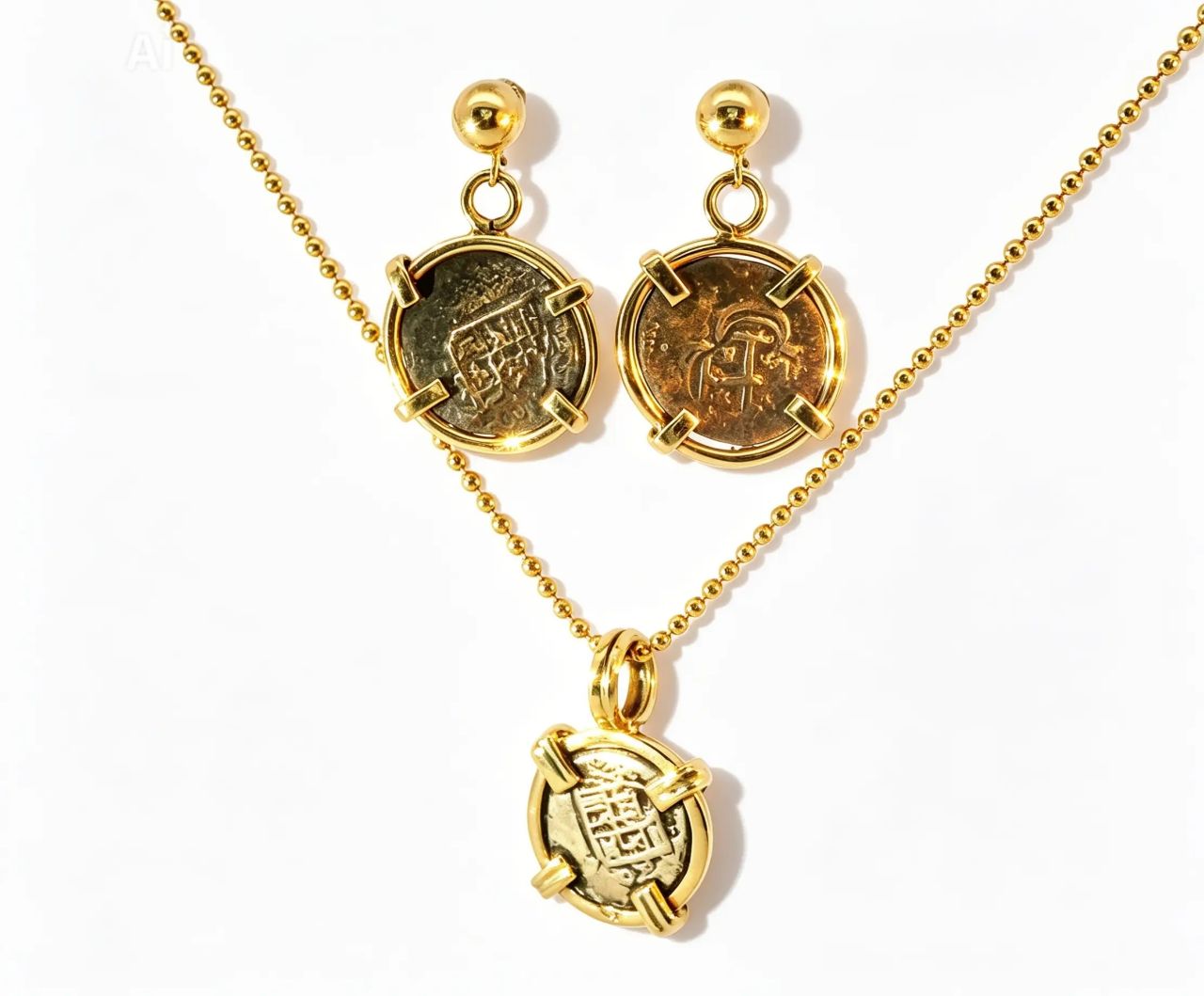 14K Yellow Gold Coin Earrings and Pendant Necklace Antique