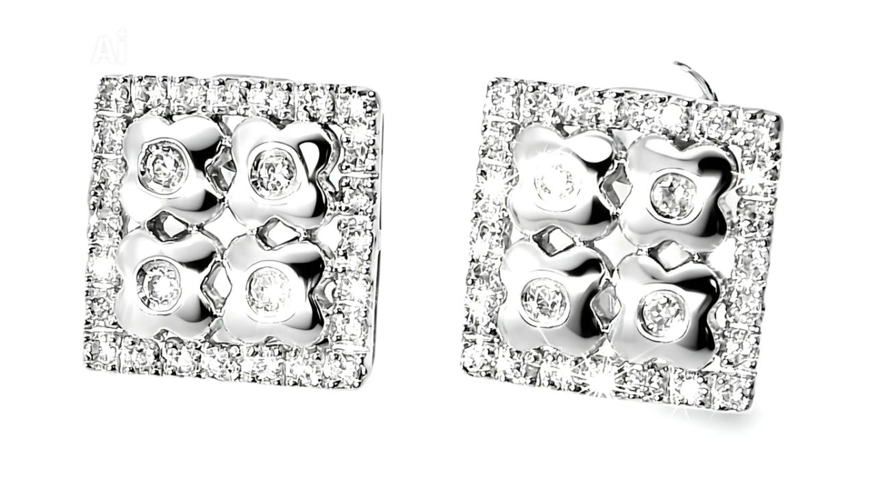 14K White Gold Micro Pave Diamond Square Flower Earrings