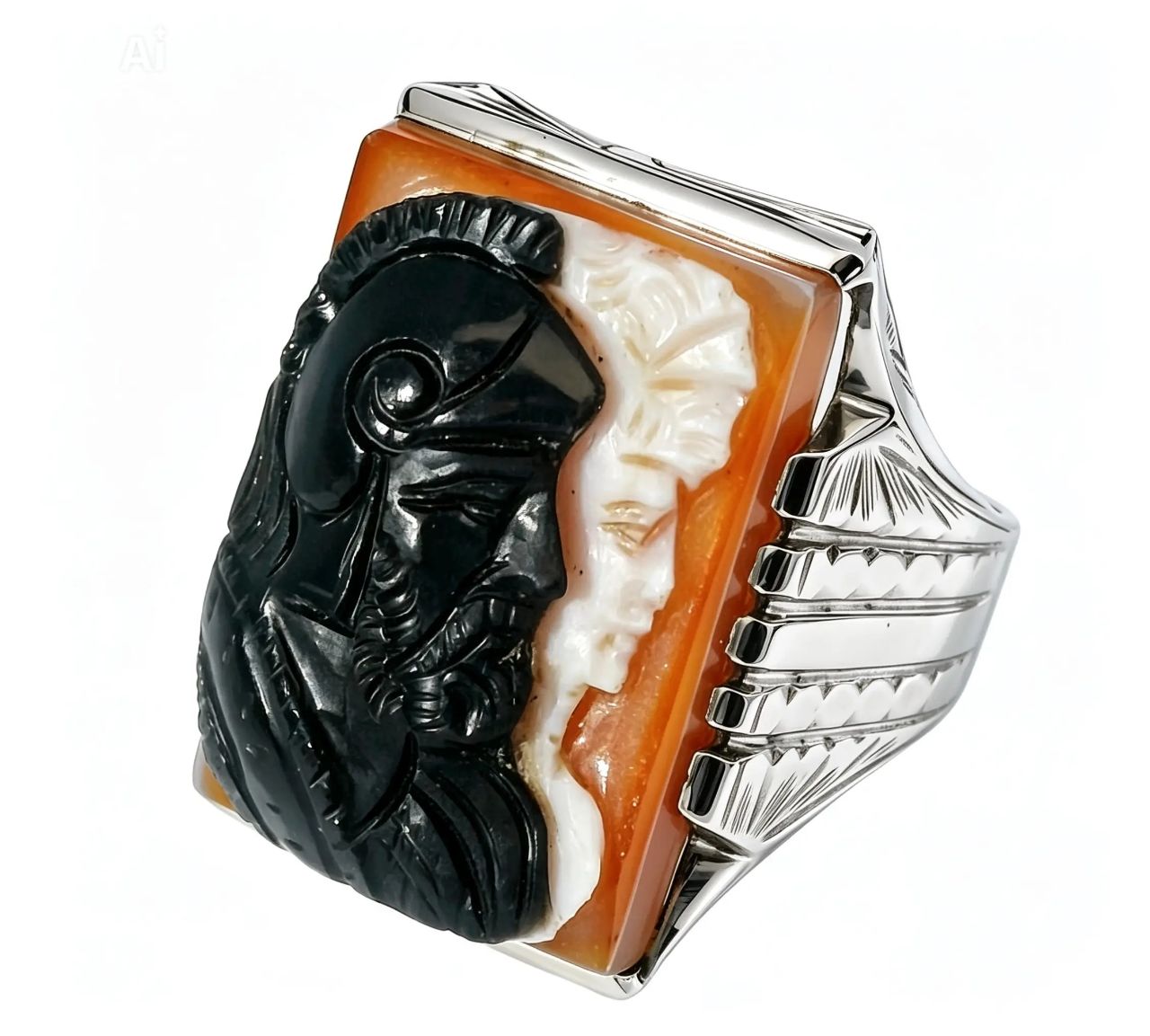 10K Yellow Gold Onyx & Shell Trojan Warrior Cameo Men's Ring