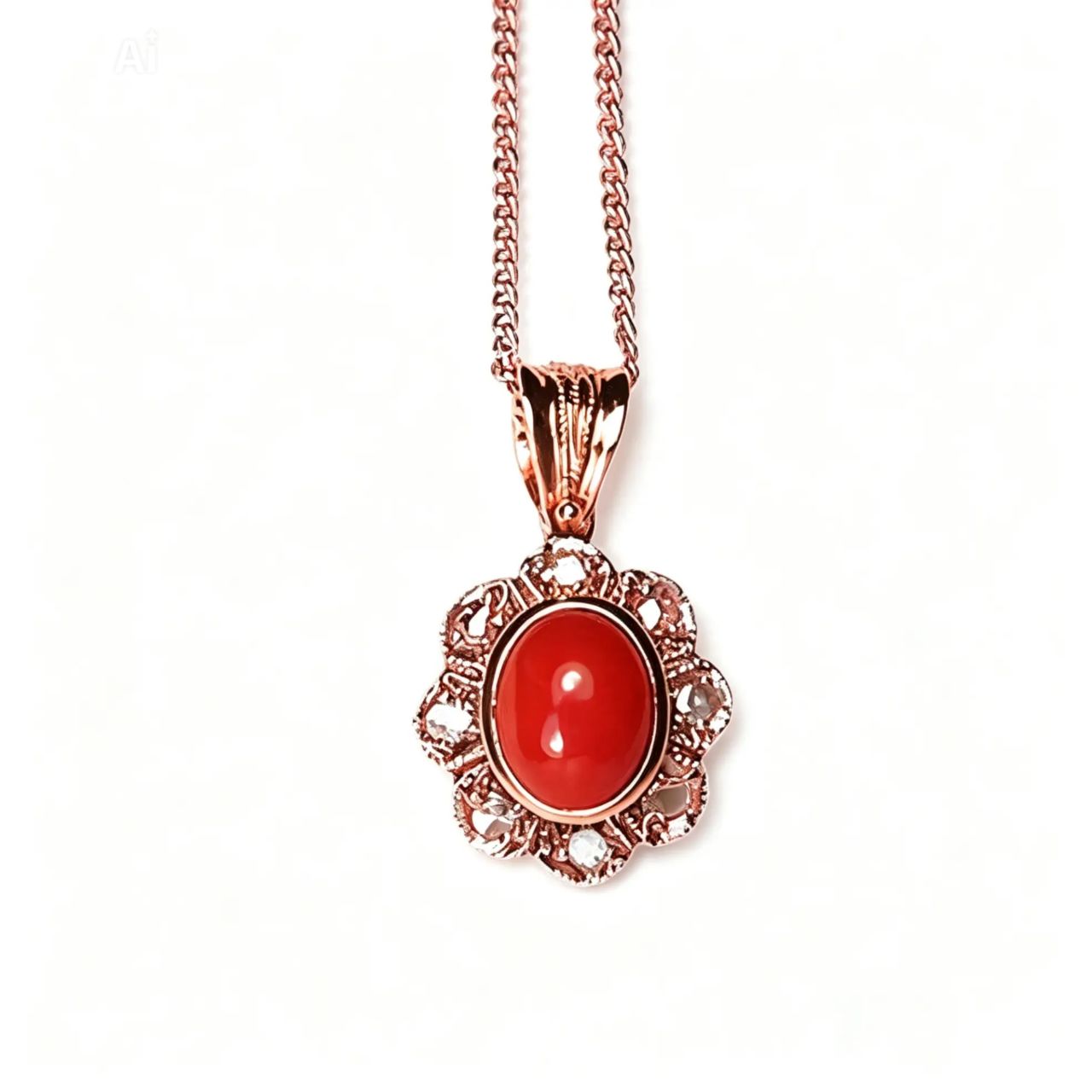 14K Pink Rose Gold Diamond Undyed Red Coral Floral Pendant
