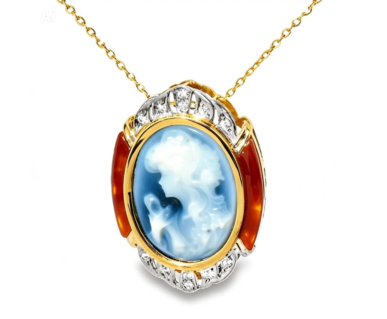 18K Yellow Gold Blue Agate Carnelian Diamond Cameo Pendant