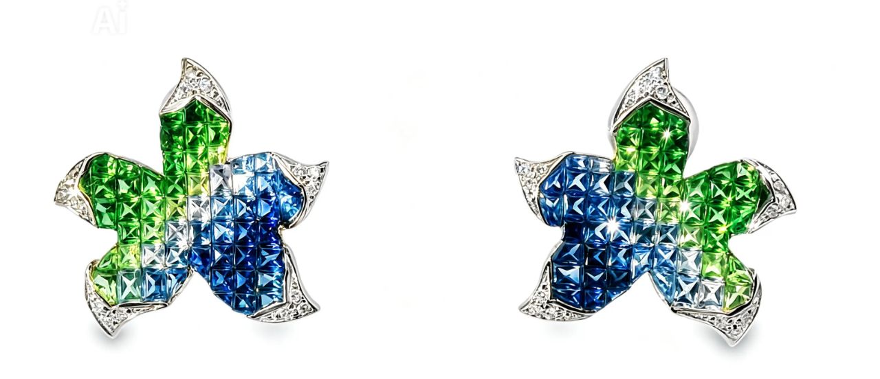 18K White Gold Starfish Diamond Sapphire Earring and Ring Set