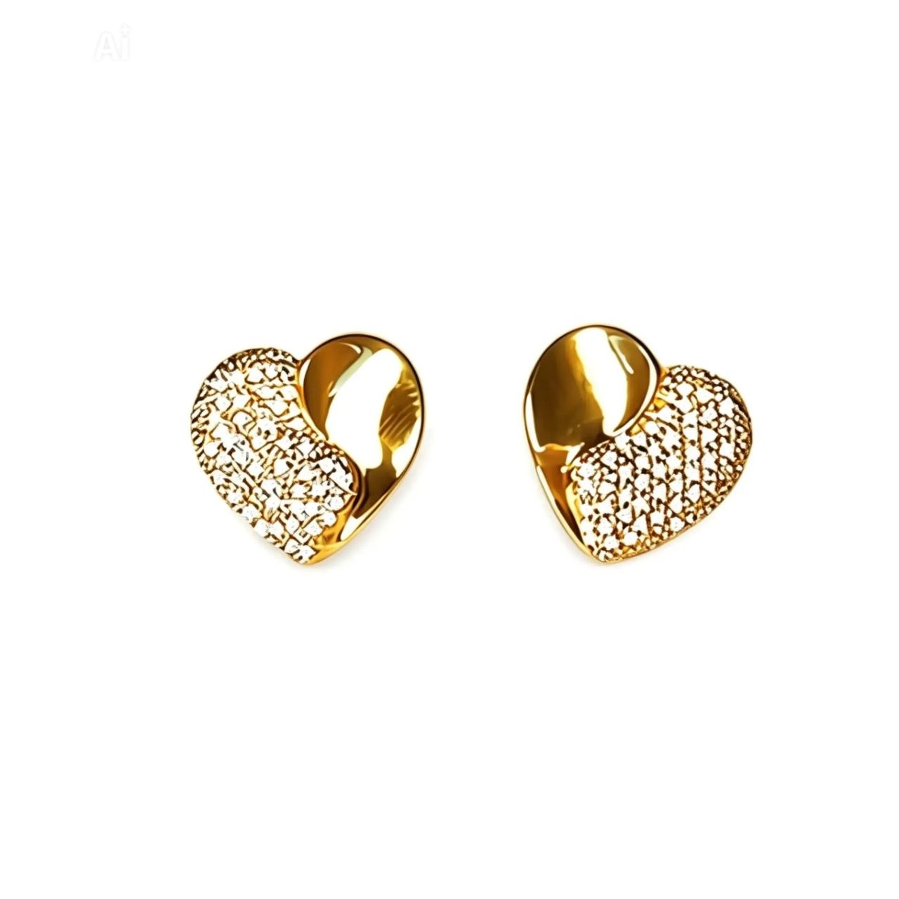 14K Yellow Gold Pave Diamond Heart Stud Earrings
