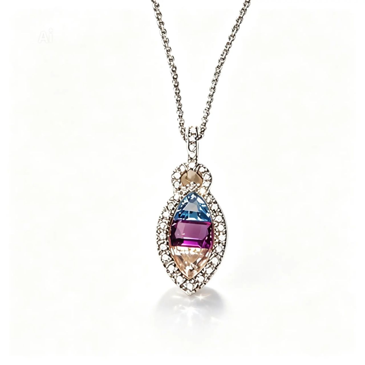 14K White Gold Amethyst Topaz Sapphire Diamond Necklace Pendant