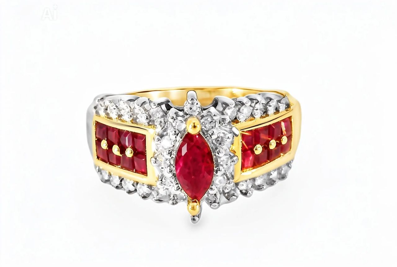 14K Yellow Gold Diamond Ruby Marquise Band Ring
