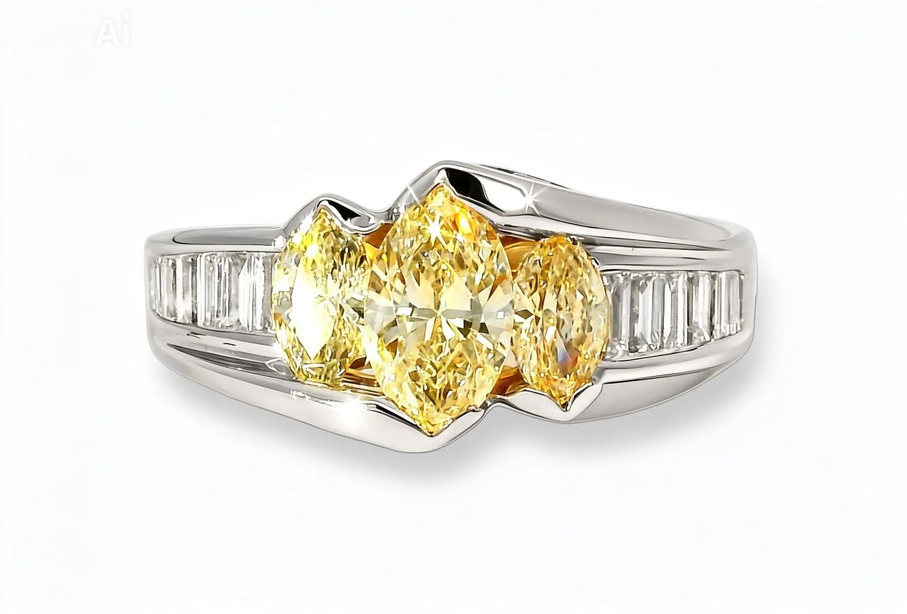 14K White Gold Yellow Diamond 3 Stone Engagement Anniversary Band Ring