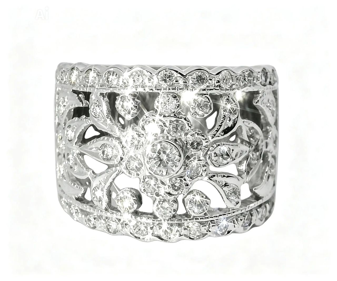 18K White Gold Ornate Diamond Wedding Band Ring