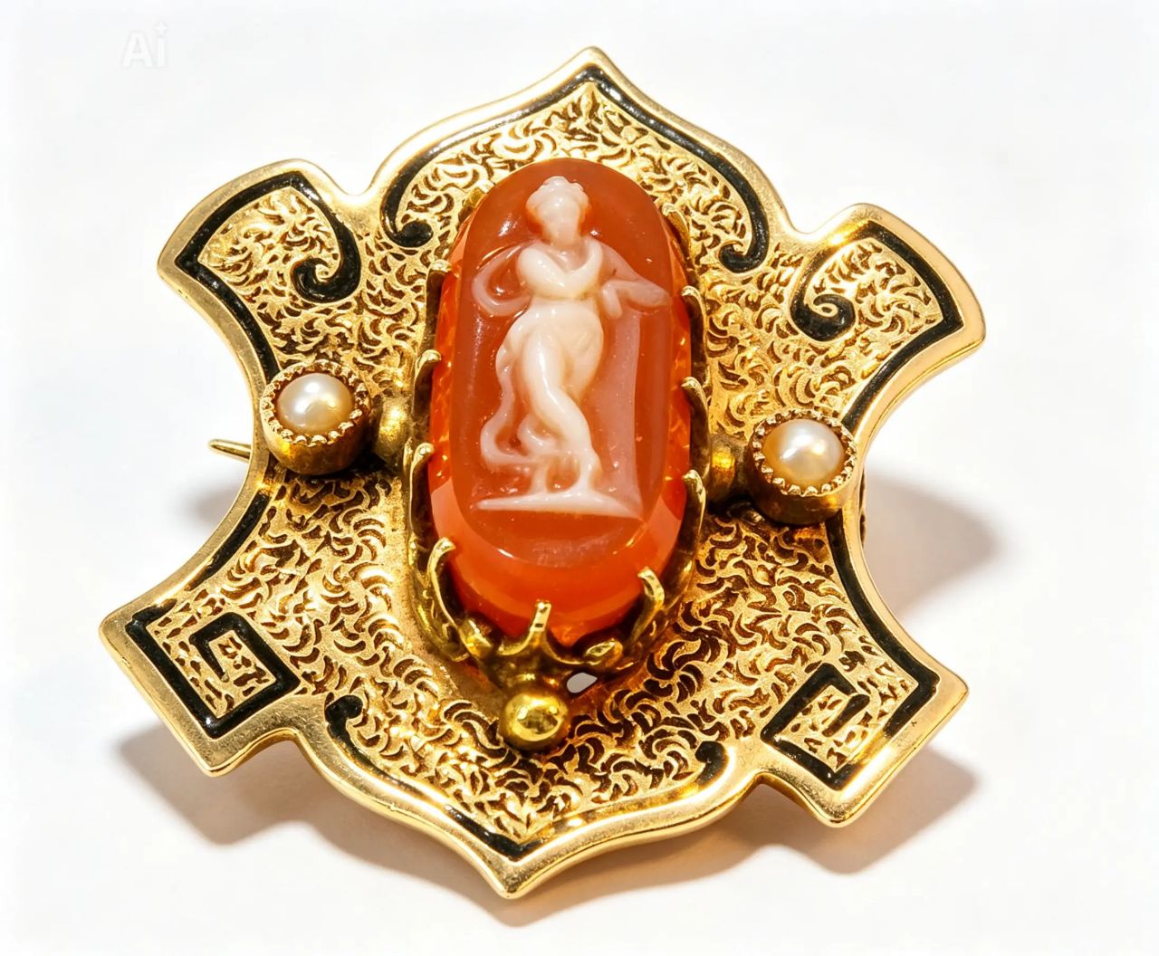 14K Yellow Gold Enamel Seed Pearl Intaglio Victorian Antique Brooch Pin