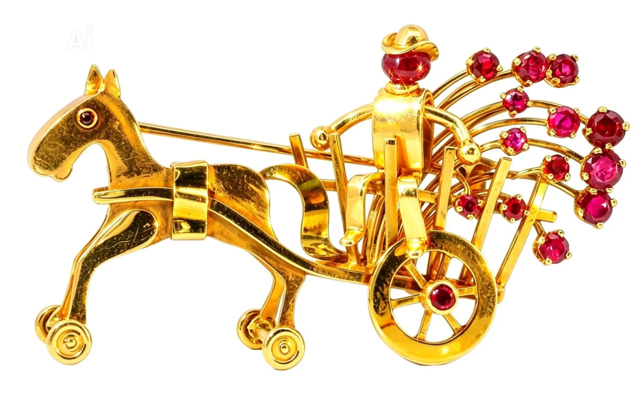 14K Gold Carriage Horse Brooch Antique with Rubies and Movable Wheels