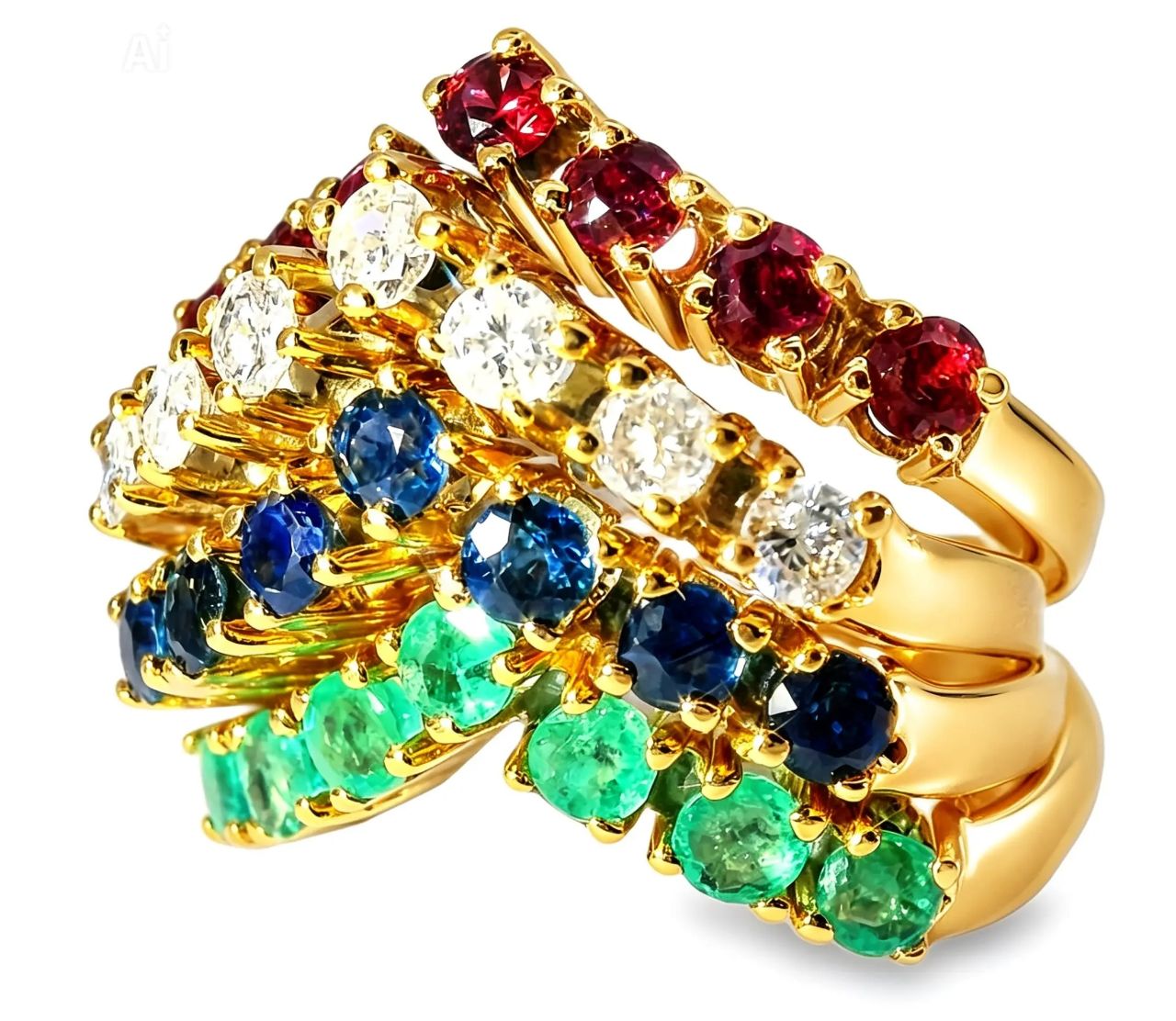 14K Diamond Ruby Emerald Sapphire Stacking Set Band Ring