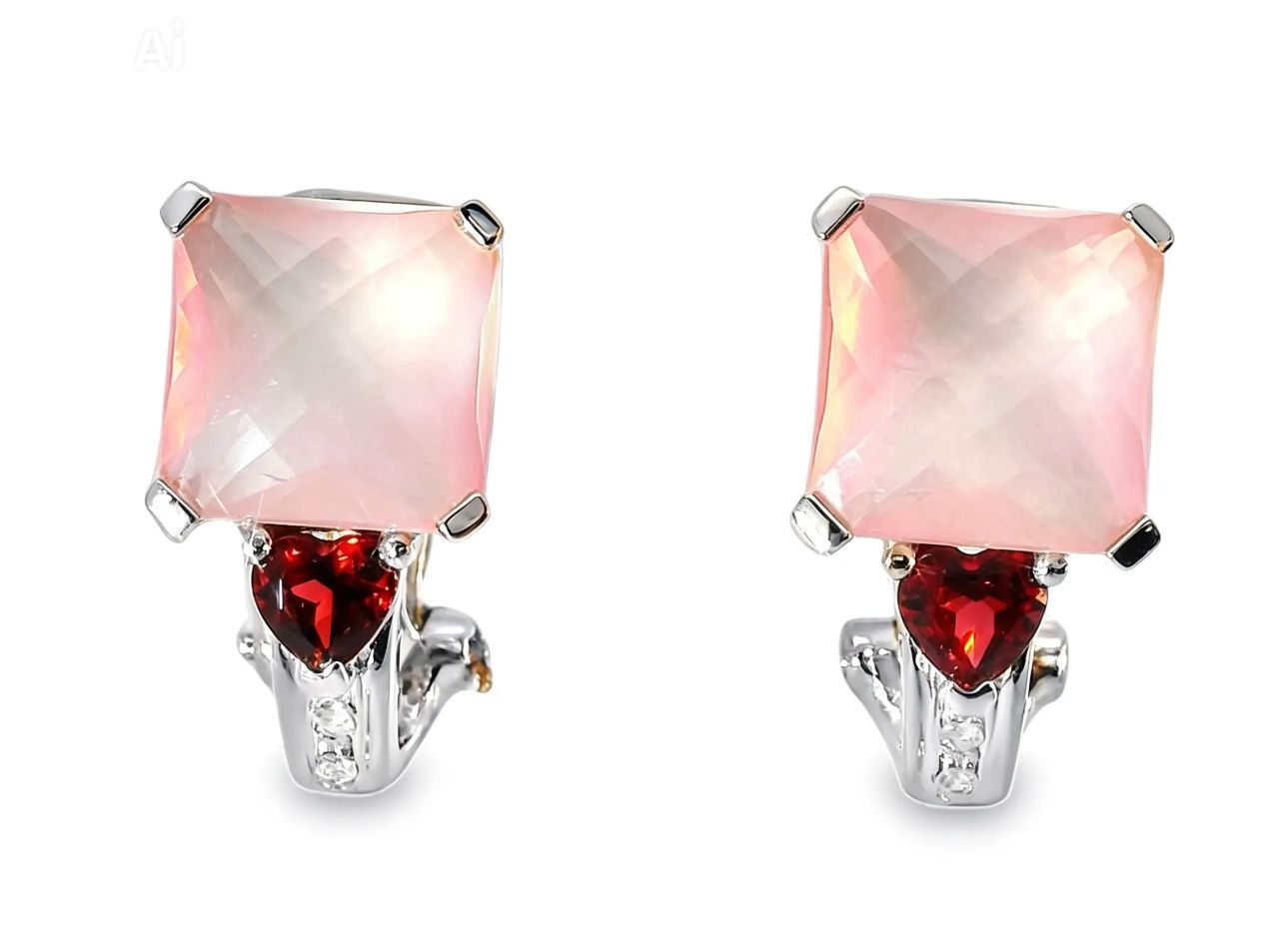 14K White Gold Rose Quartz Garnet Heart Diamond Earrings