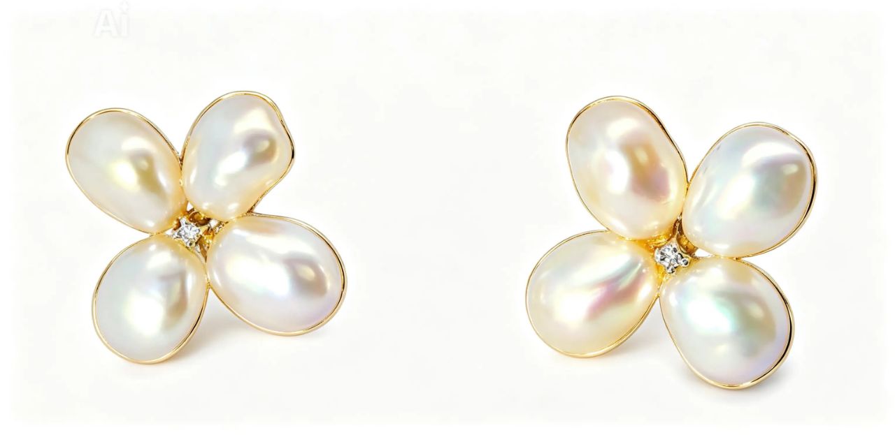 14K White Gold Potato Pearl Diamond Floral Earrings