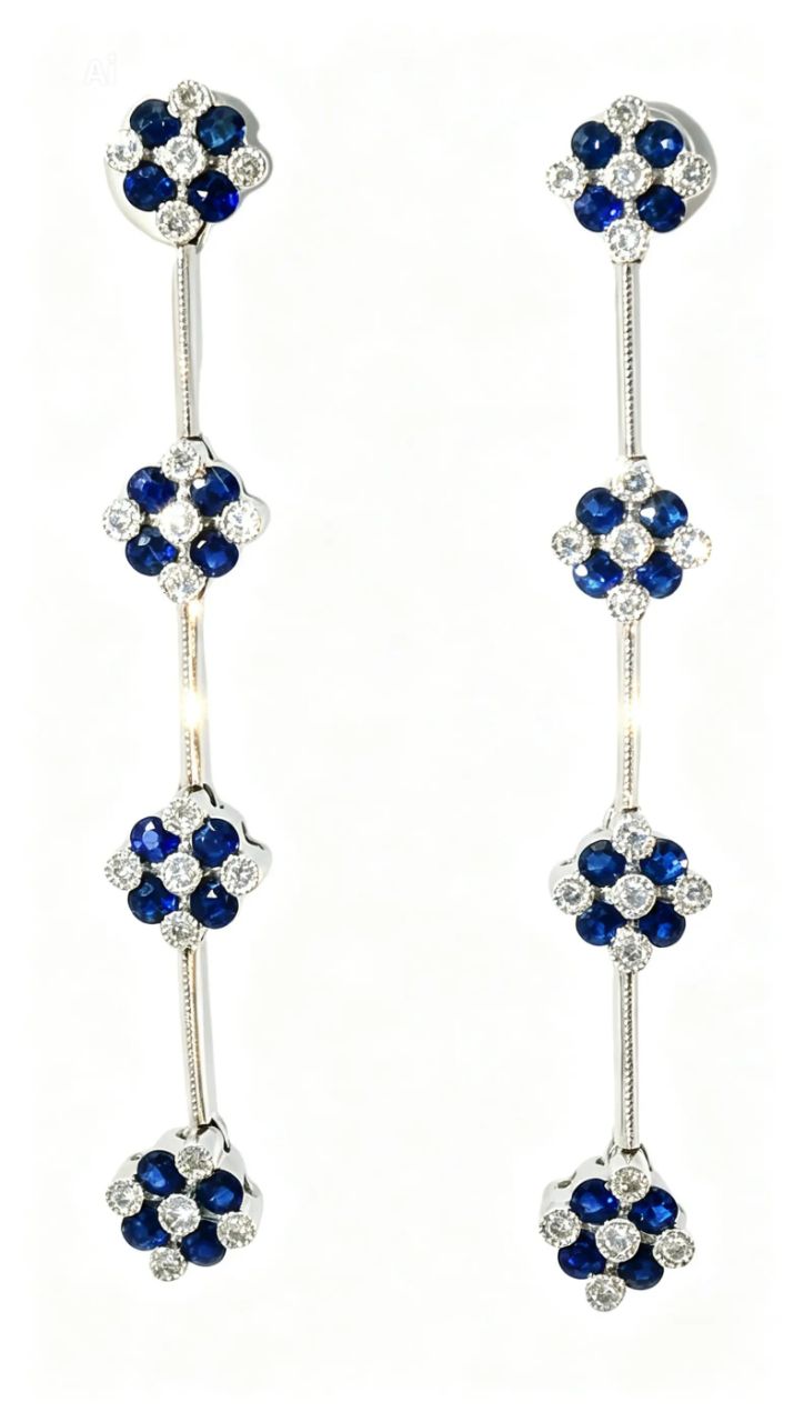 14K White Gold Diamond Sapphire Chandelier Floral Tier Earrings
