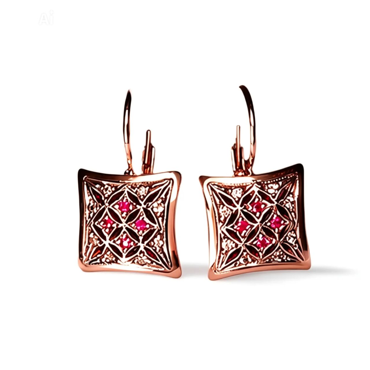 14K Pink Gold Rose Cut Diamond Ruby Dangle Drop Earrings