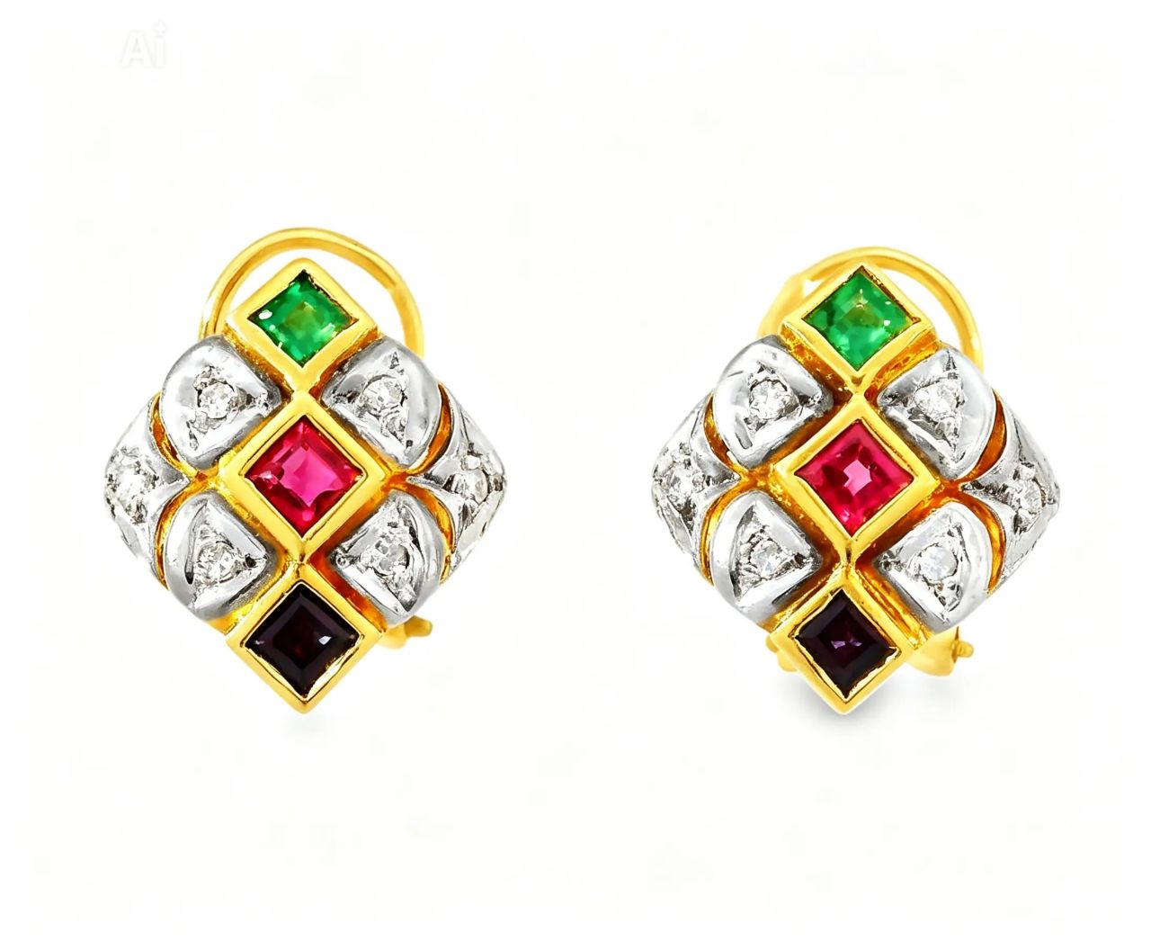18K Yellow Gold Ruby Emerald Sapphire Diamond Earrings