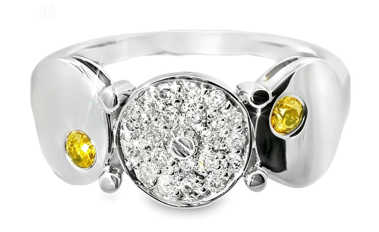 14K White Gold Yellow Diamond Disc Circle Band Ring