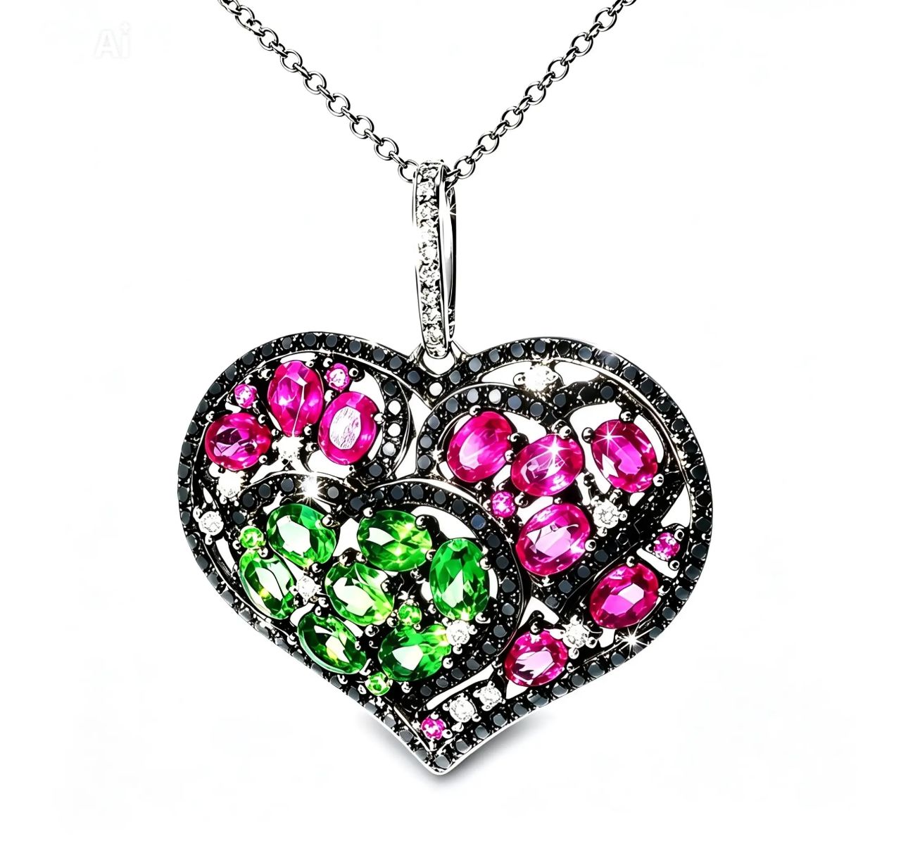 18K Black White Gold Diamond with Red Green Sapphires Heart Pendant