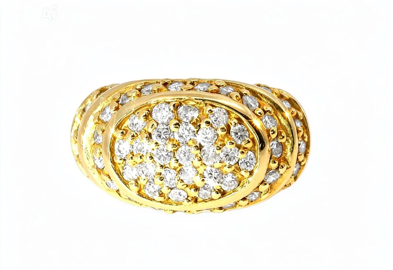 14K Yellow Gold Diamond Designer Tiered Dome Band Ring