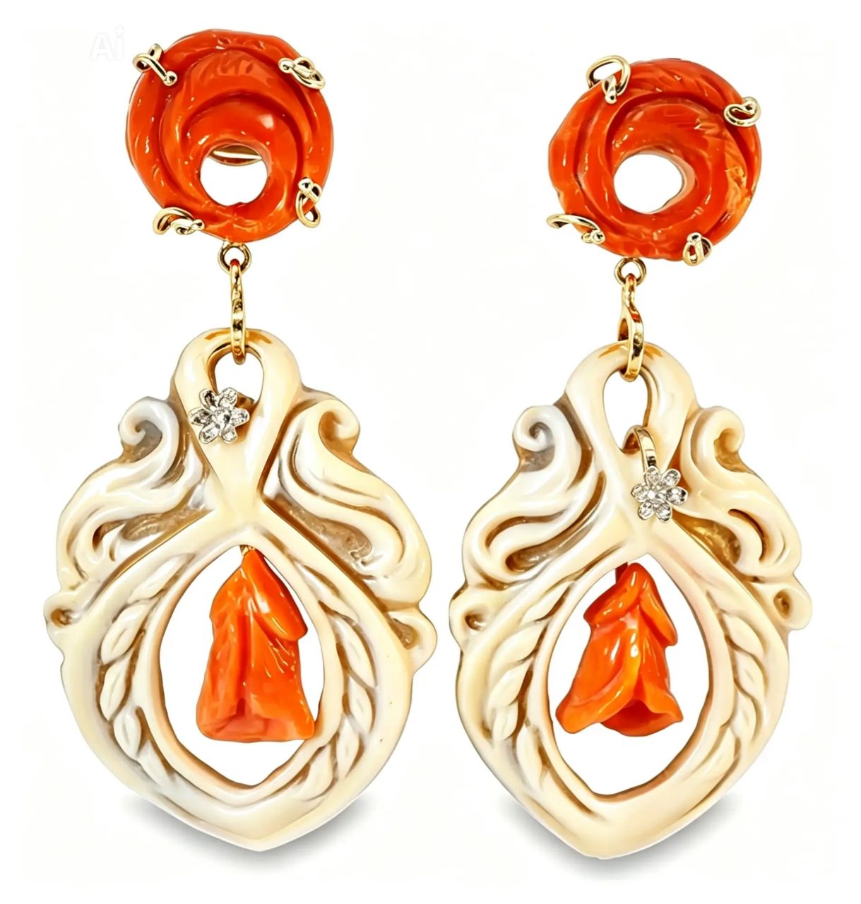 18K Gold Carved Cameo Red Coral Undyed Drop Earrings