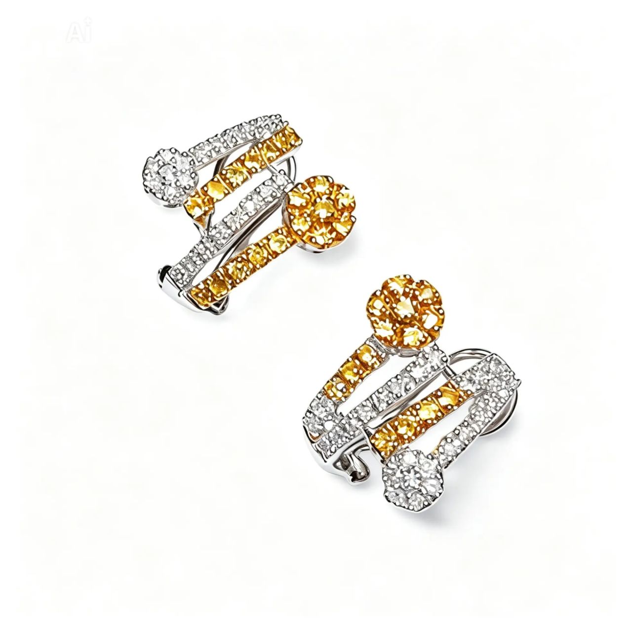 14K White Gold Yellow Sapphire Diamond Floral French Clip Earrings
