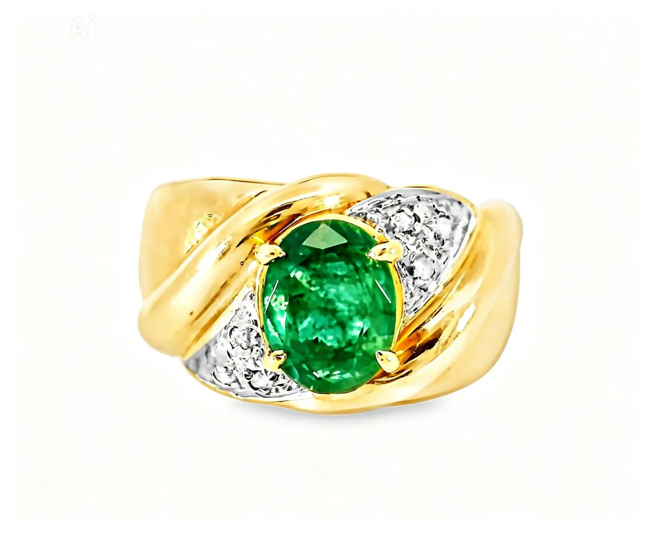 14K Yellow Gold Emerald Pave Diamond Ring