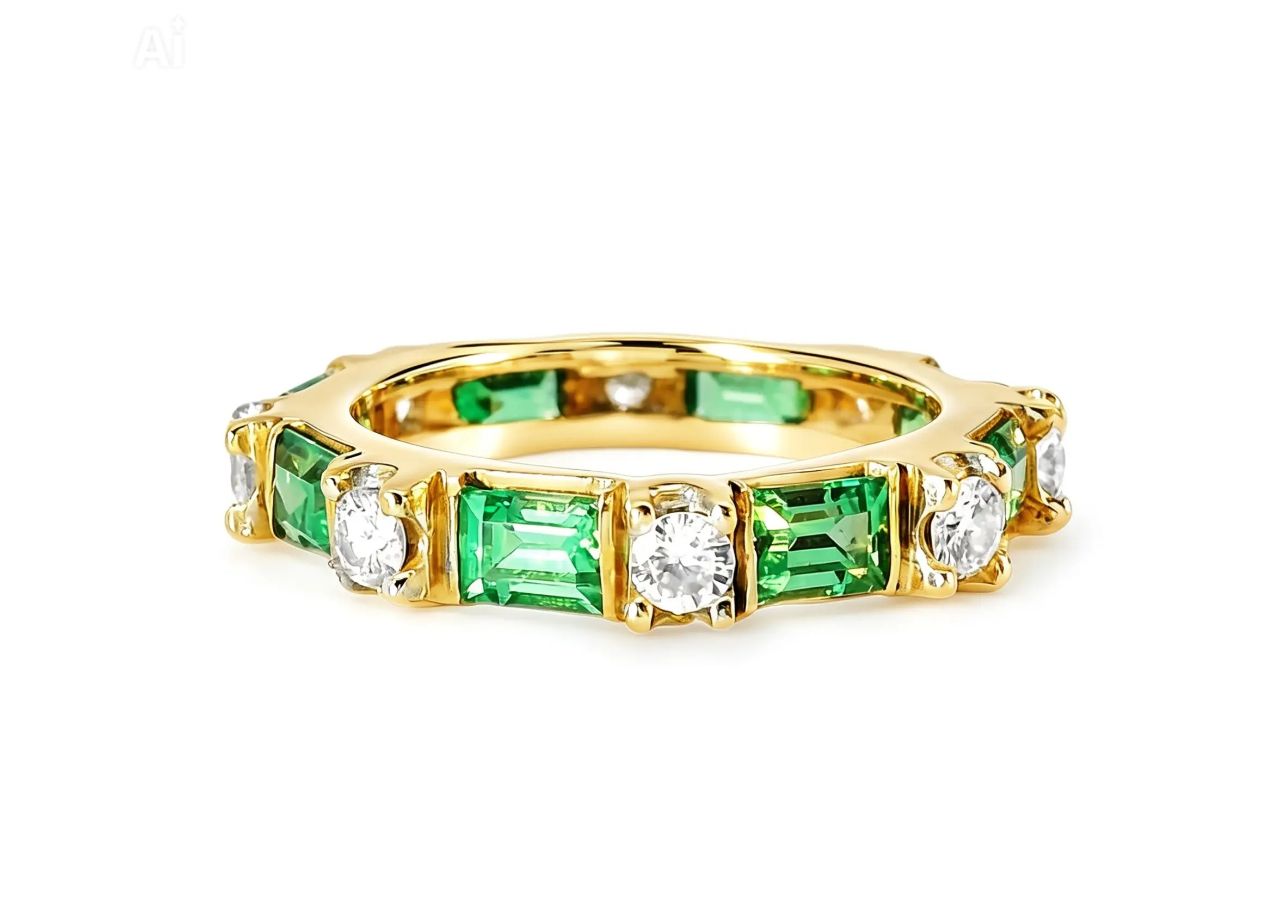 14K Yellow Gold Diamond Emerald Eternity Wedding Ring Band