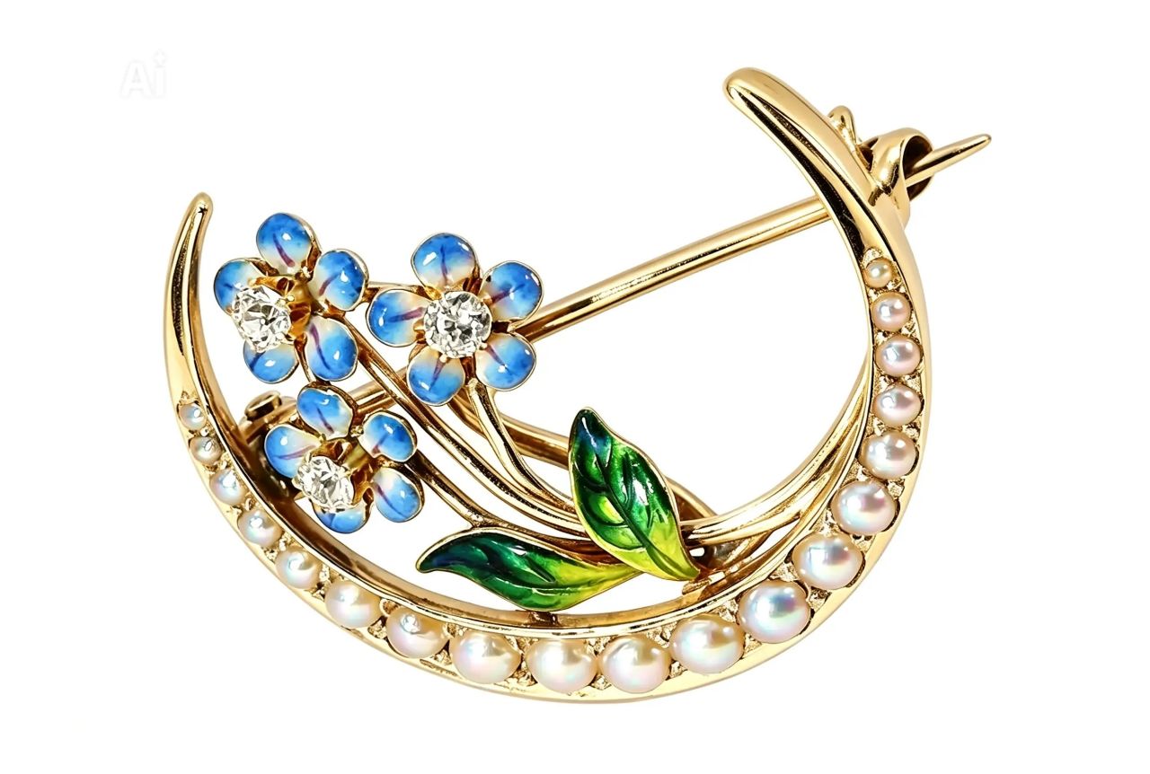 14K Yellow Gold Moon Seed Pearl Enamel Diamond Victorian Estate Brooch Pin